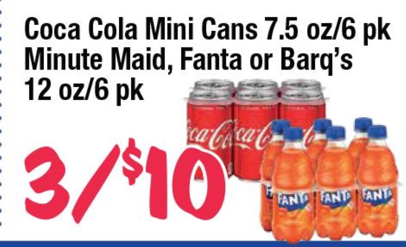 Coca Cola MIni Cans 7.5 oz/6 pk, Minute Maid, Fanta or Barq's 12 oz/6 pk