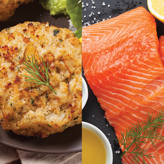 Karns Lump Crab Cakes and Faroe Island Salmon Fillet Portions